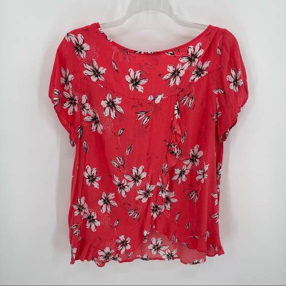 Torrid Size 2 2X Pink Floral Shirt Plus Short Sleeves Ruffled Split Back Rayon - Picture 6 of 10